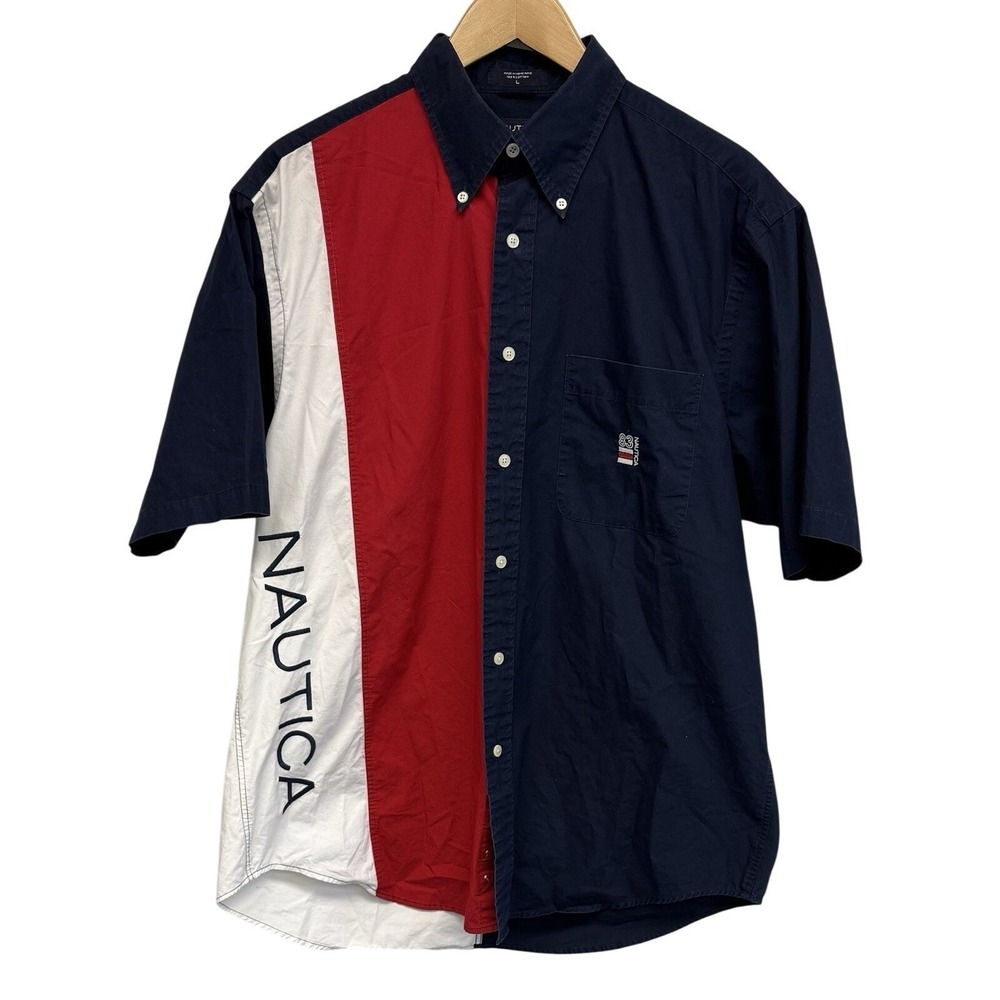 VTG 90's Preppy Patriotic USA Color Block Nautica Button Up Shirt Size Large